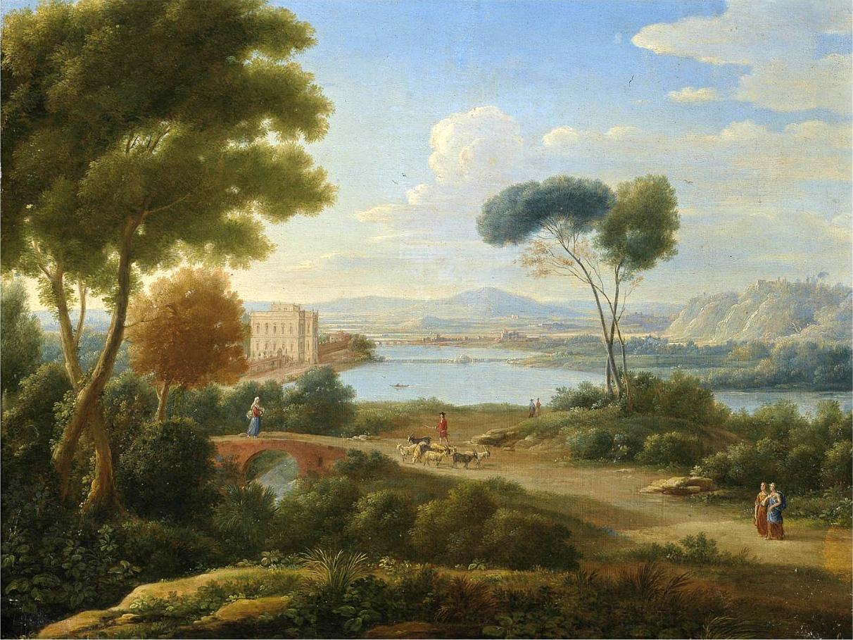 classical river landscape with figures on a path and a palace in the distance 